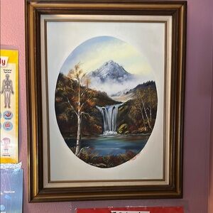 Framed Mountain Waterfall Painting